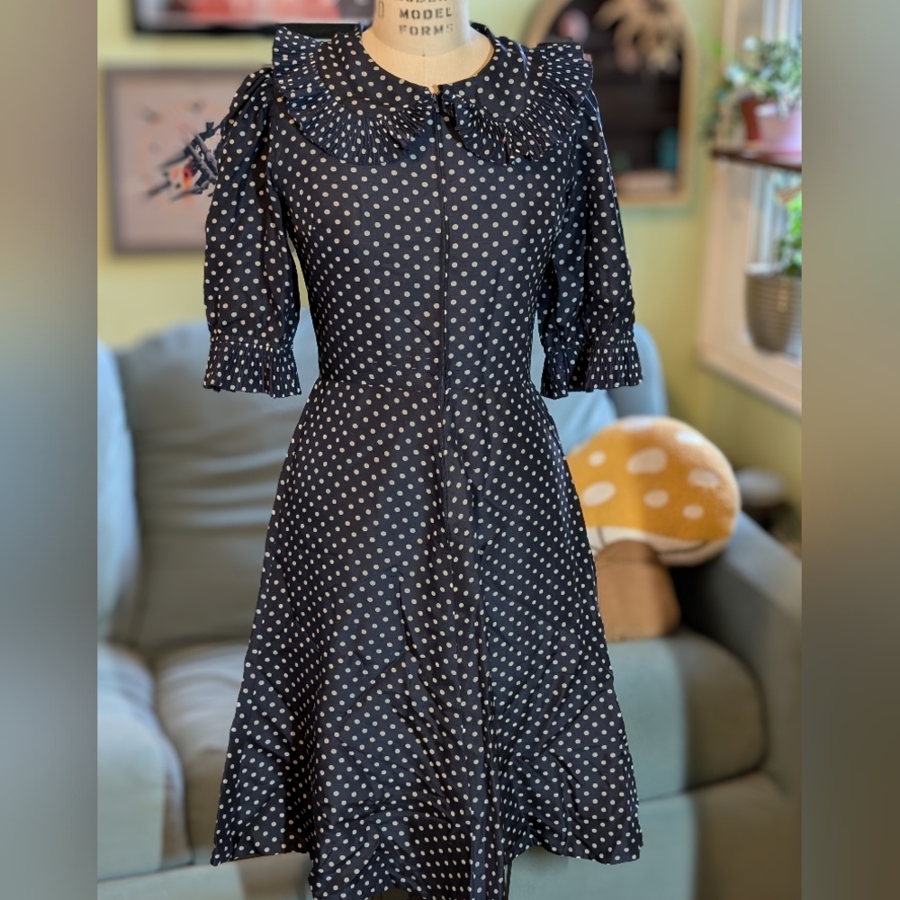 [Handmade - Jane Overland] Vintage Navy Polkadot Midi Dress with Pleats | Medium